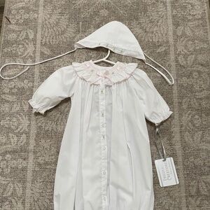 Feltman Bros. Friedknit Creations Ribbon Ruffle Smocked Gown and Hat